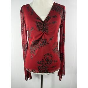 Myo Y2K Top Womens Sz M L Red Sheer Bell Sleeve Glitter Floral Whimsigoth Fairy